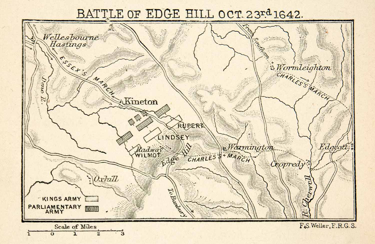 1893 Lithograph Battle Edgehill English Cvil War King Charles I Earl Essex XEF6