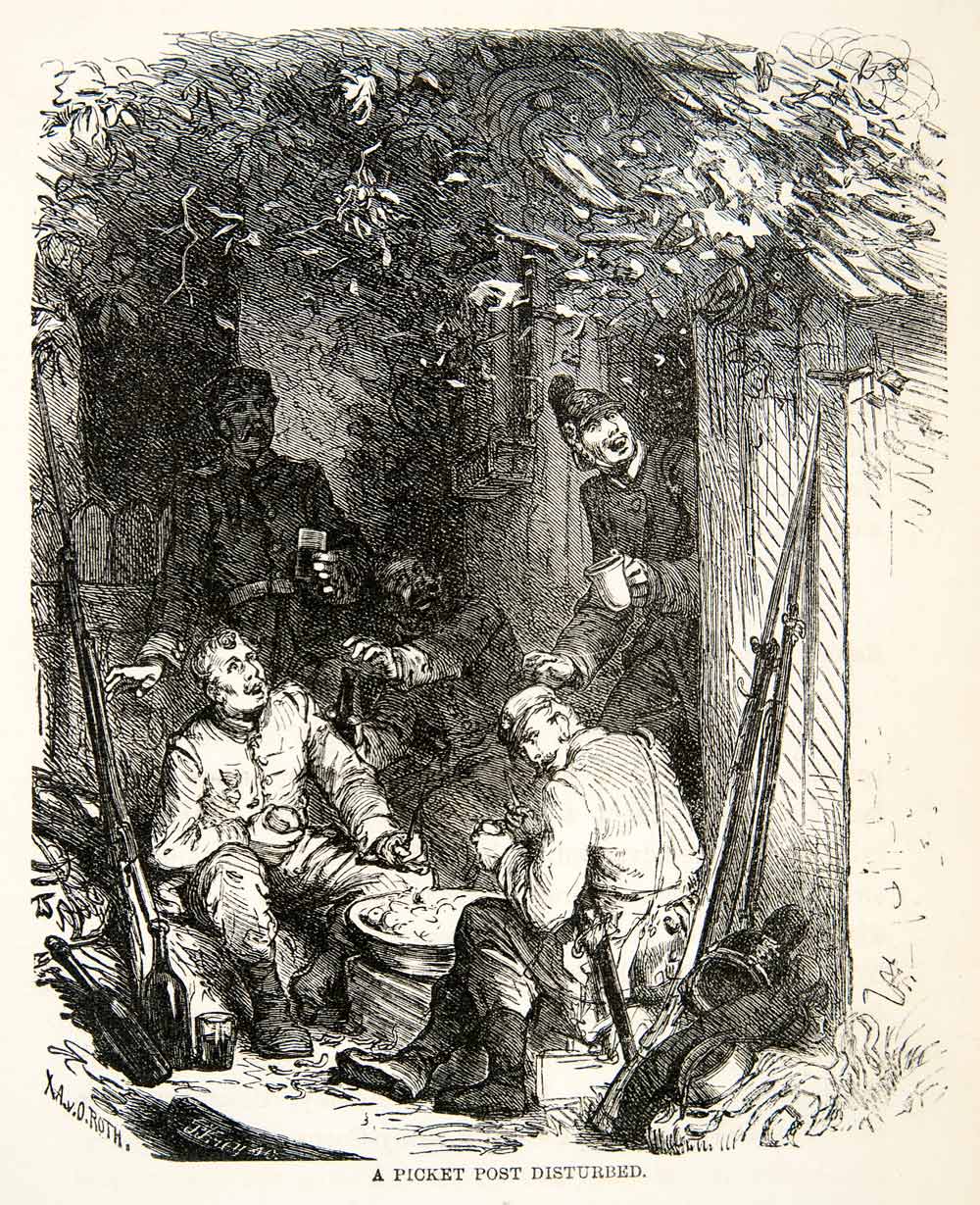 1871 Wood Engraving Franco Prussian War Soldiers Picket Post Artillery XEF7