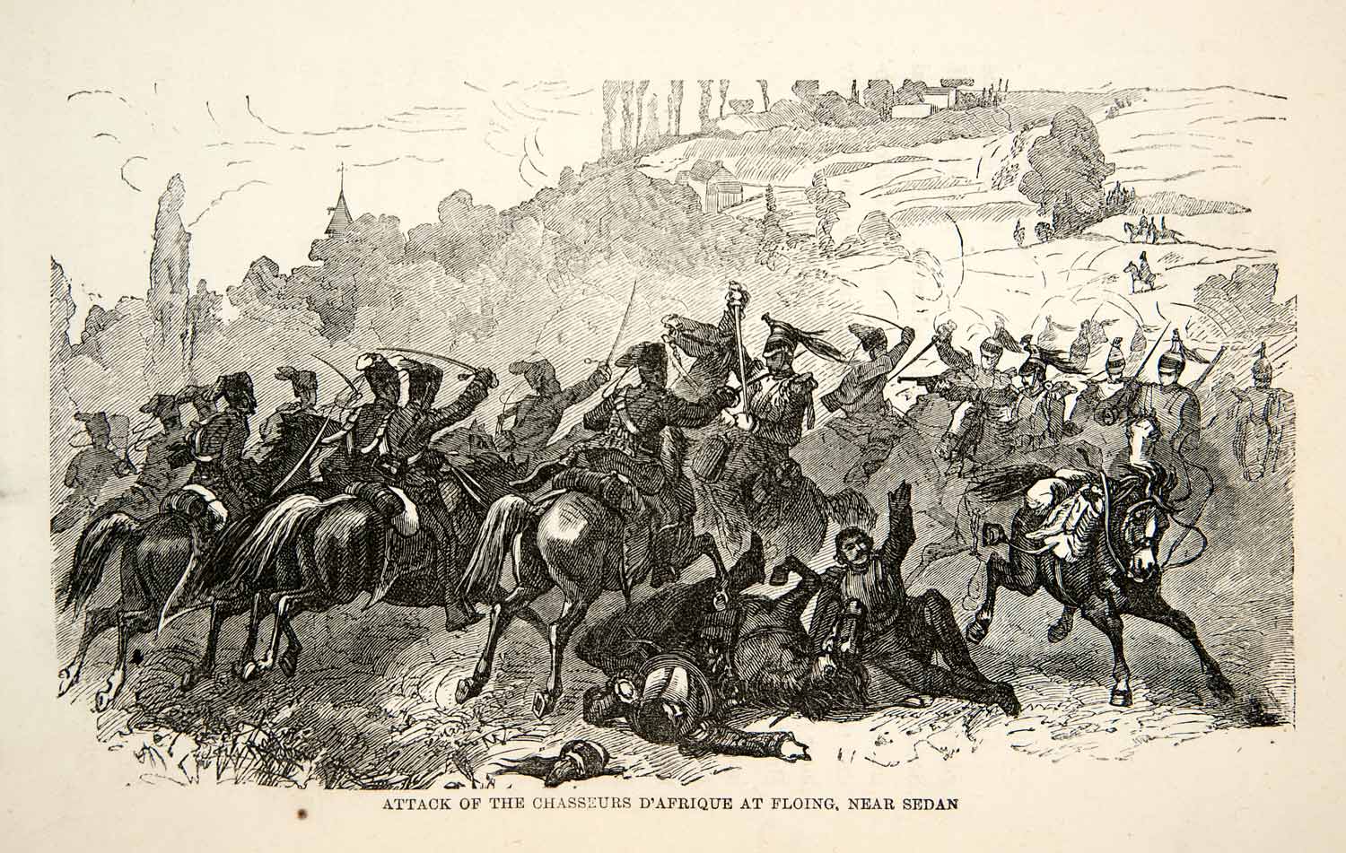 1871 Wood Engraving Franco Prussian War Battle Chasseurs D'Afrique Floing XEF7