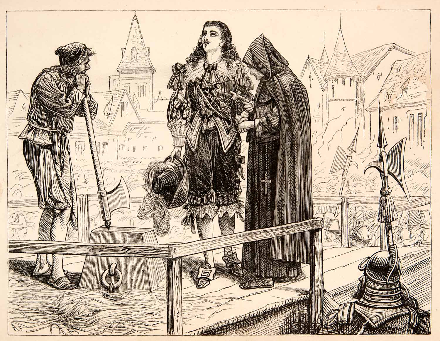 1877 Lithograph Cinq Mars Scaffold Executioner Priest Paris Place De XEF8