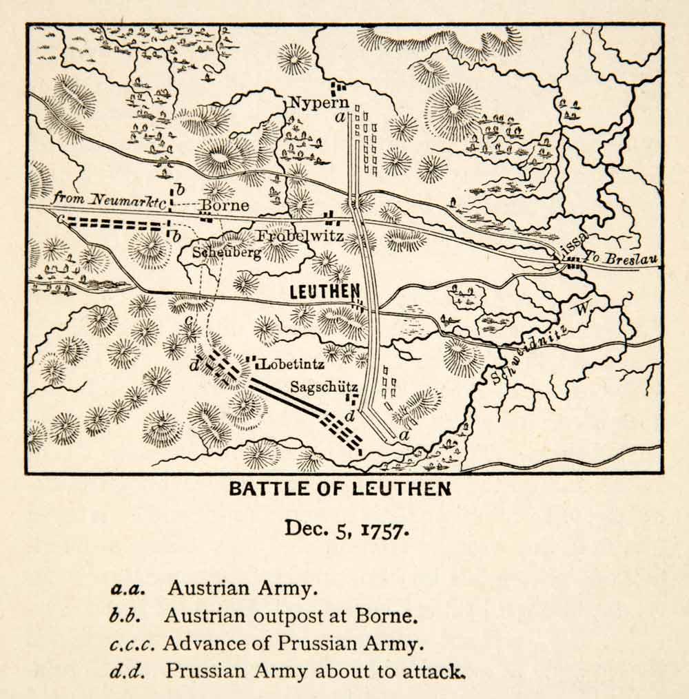 1886 Print Battle of Leuthen Seven Years' War Antique Map Austrian Army XEFA6