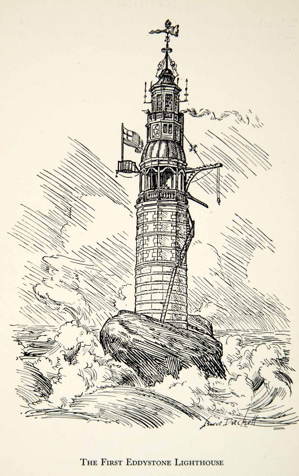 1950 Print Lighthouse Eddystone Rocks Duckett Ocean Cornwall Devon England XEFA9