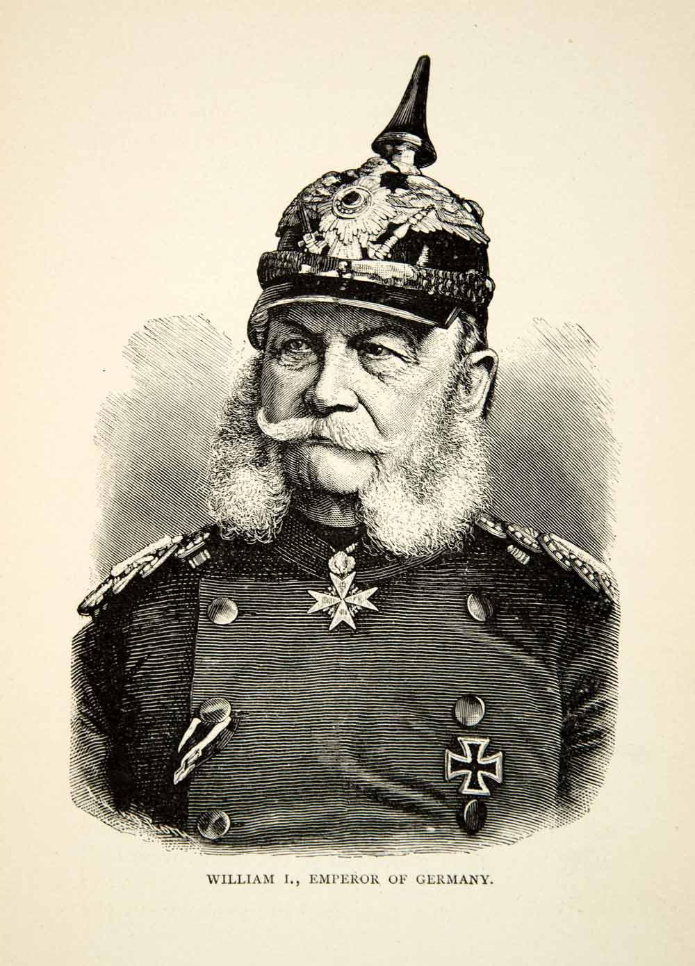 1898 Wood Engraving Germany William I Emperor Portrait Uniform XEGA1, image size:1000x1390