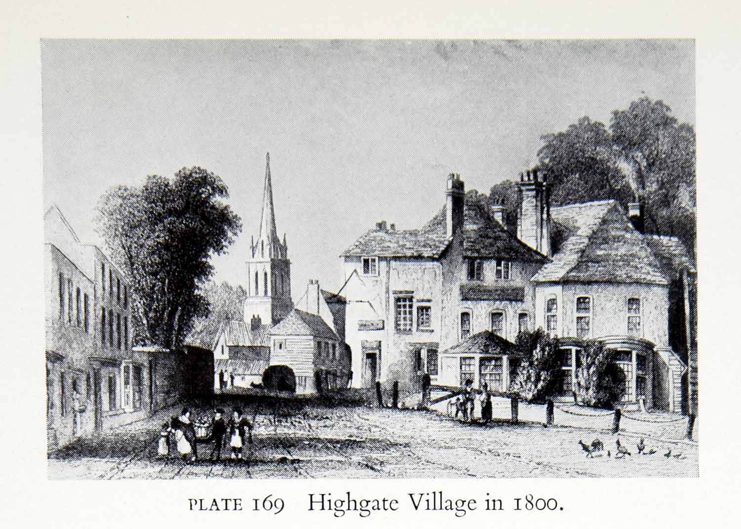 1951 Print Highgate Village London England Hampstead Church Steeple Thatch XEGA2