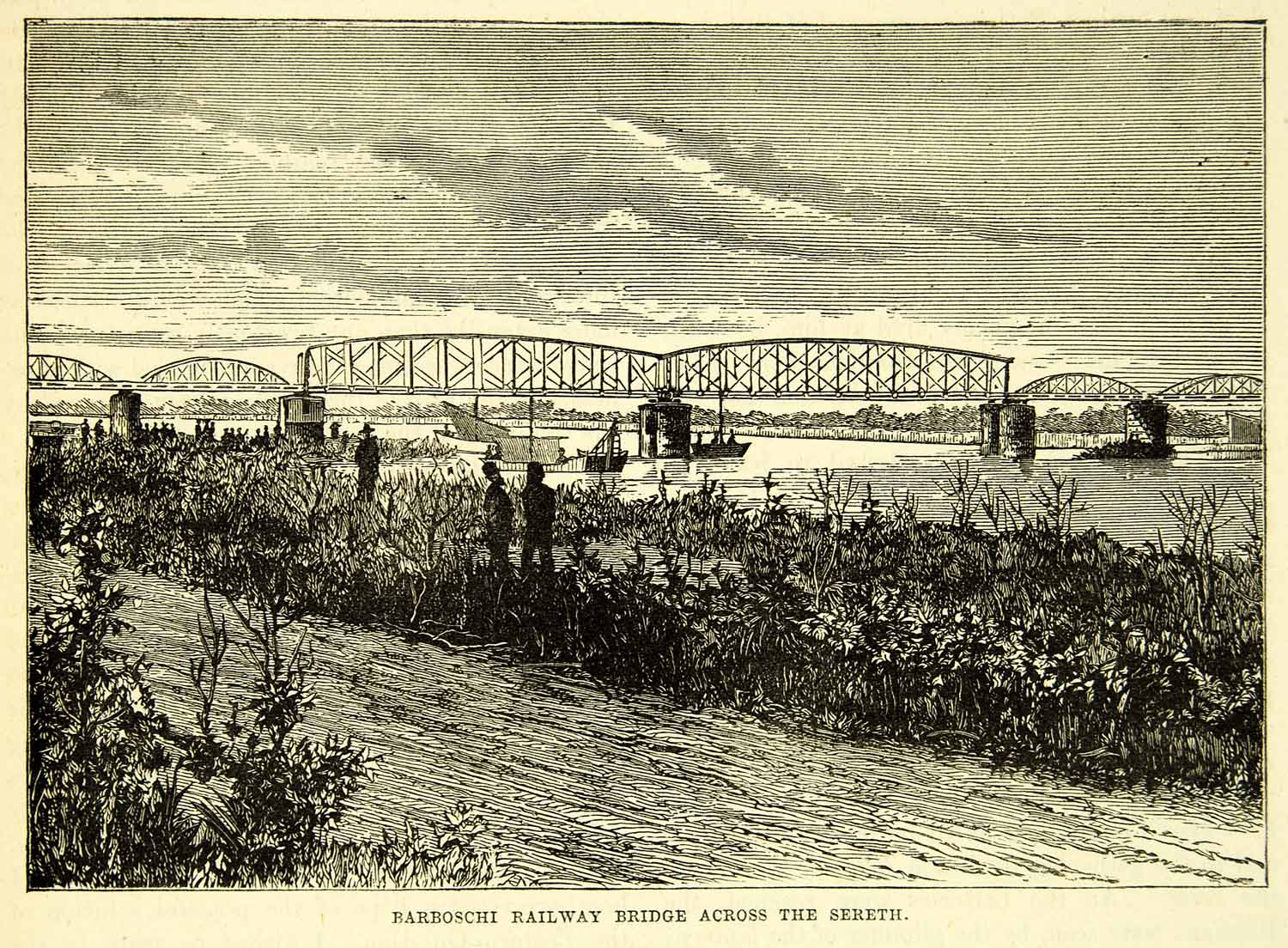 1883 Wood Engraving Barboschi Railway Bridge Sereth River Europe XEGA3