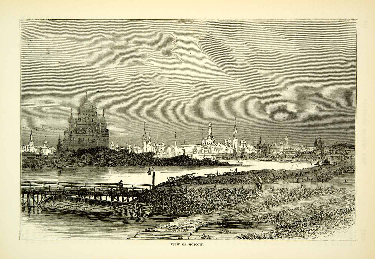 1883 Wood Engraving Moscow Russia View Skyline Europe Urban Muskva River XEGA3