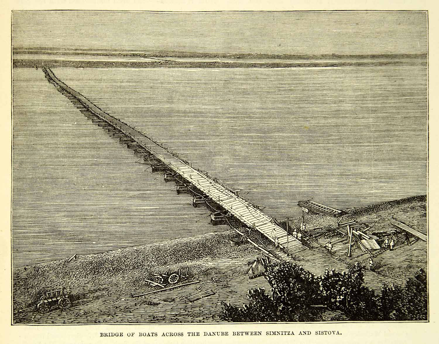 1883 Wood Engraving Military Boat Bridge Danube River Engineering Svishtov XEGA3