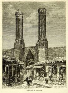 1883 Wood Engraving Twin Minaret Madrasa Cifte Minareli Medrese Erzurum XEGA3