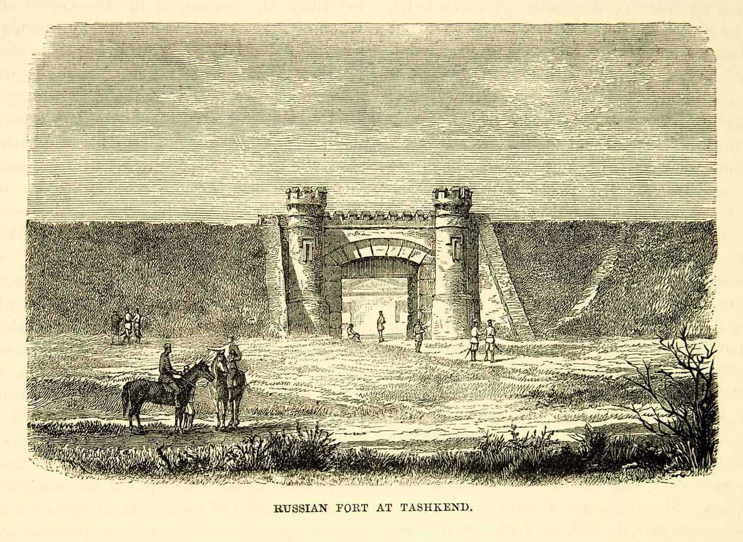 1883 Wood Engraving Art Tashkent Uzbekistan Russian Fort Gate Middle XEGA3