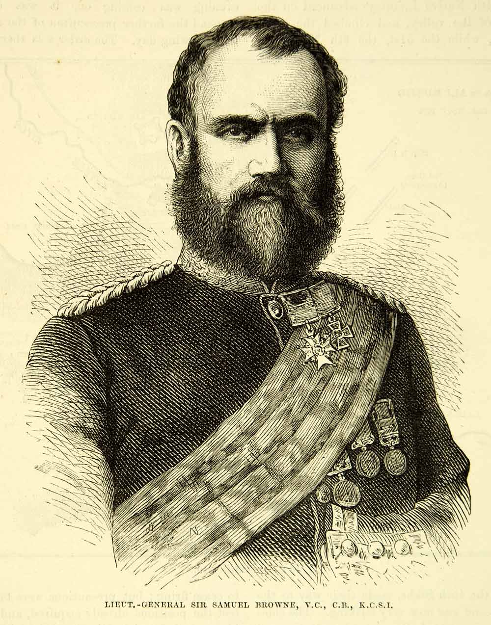 1883 Wood Engraving Art Portrait General Samuel James Browne British India XEGA3