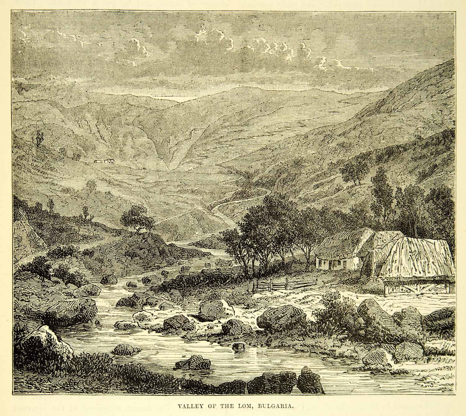 1883 Wood Engraving Lom River Valley Bulgaris Russo Turk War Landscape XEGA3