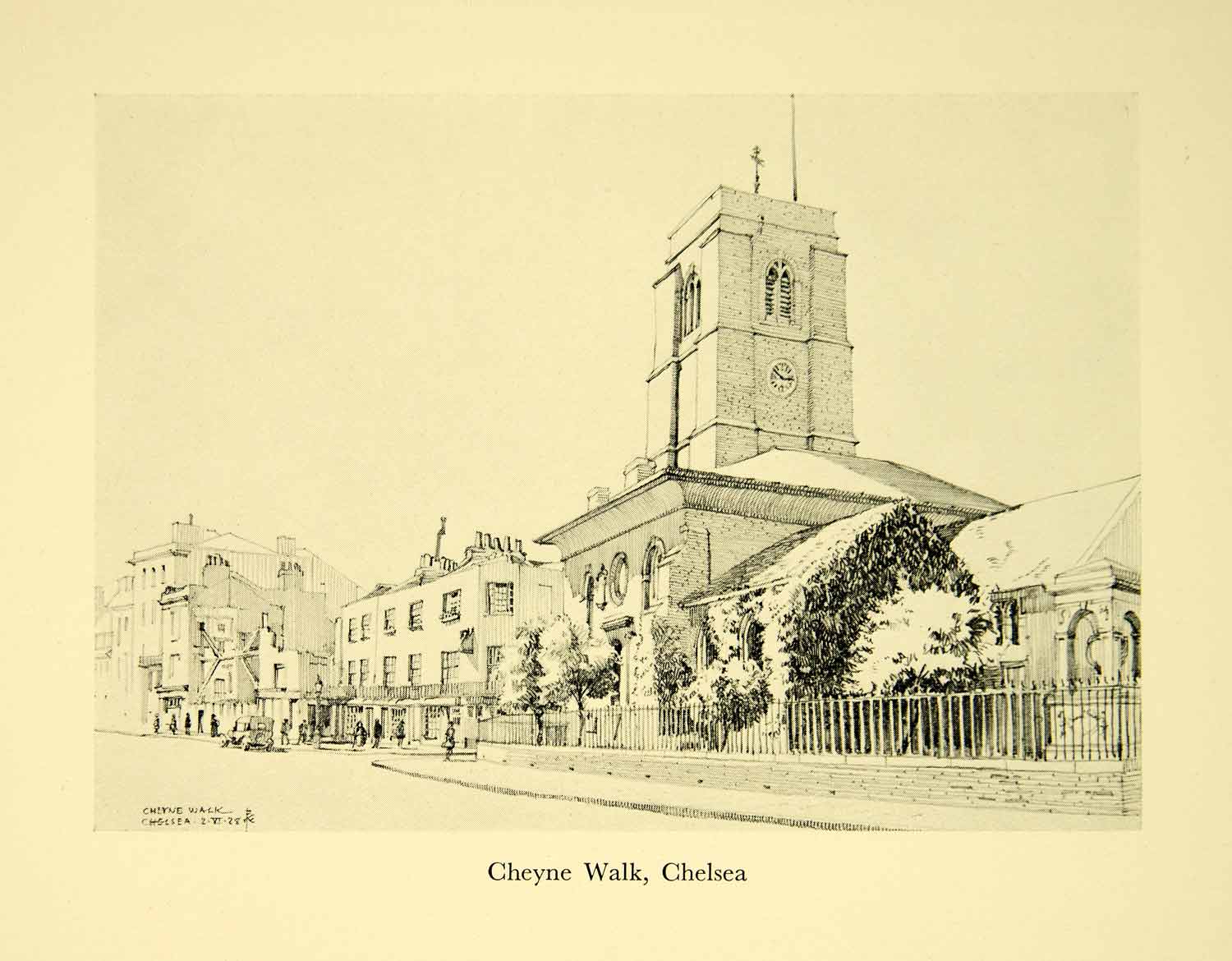 1928 Print F.W. Knight Cheyne Walk Chelsea London England Road Kensington XEGA5