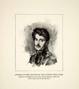 1896 Print Theodor Korner Lutzow Free Corps Uniform Prussian Volunteer XEGA9