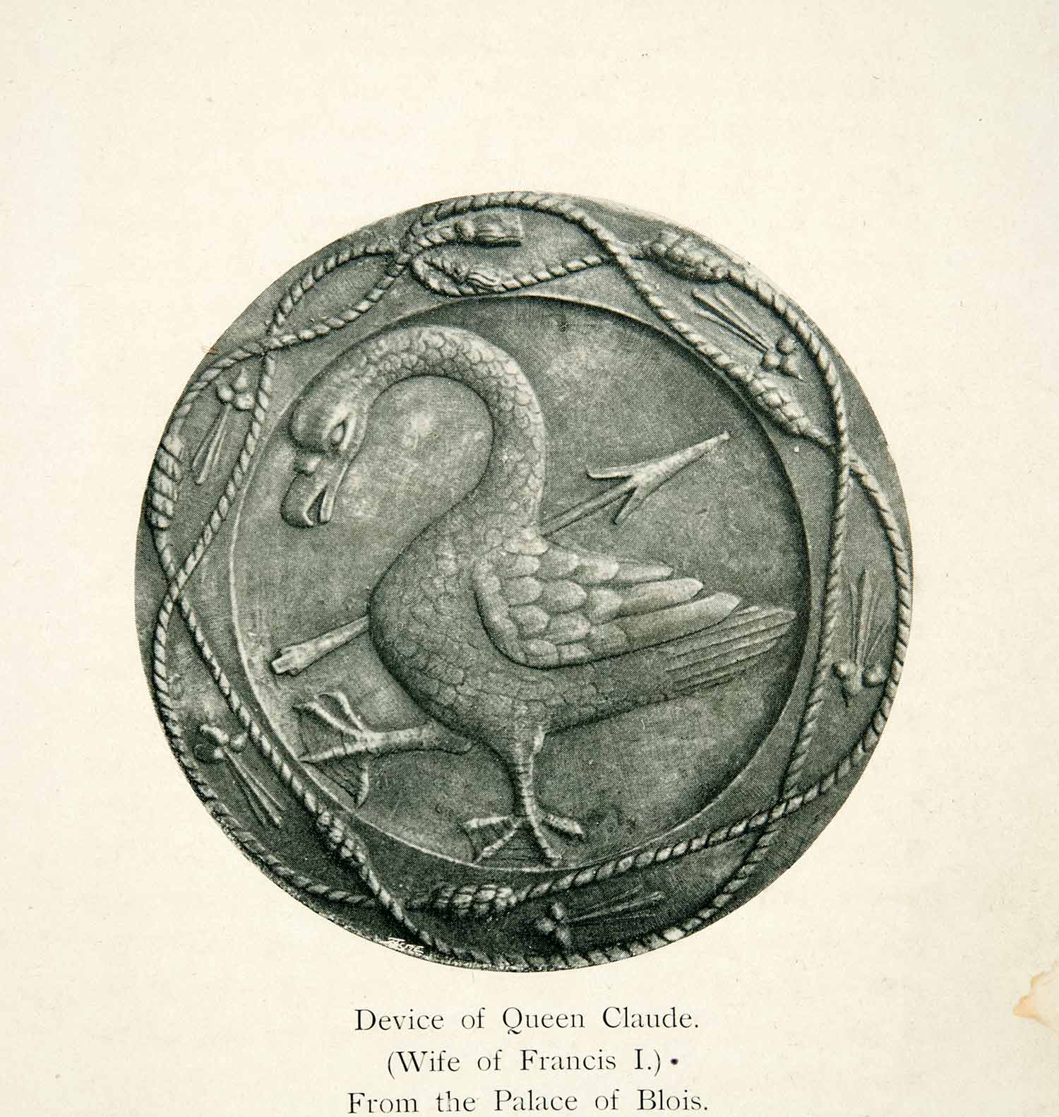1903 Print Queen Claude Palace Blois Button Goose Arrow Emblem Motif XEH9