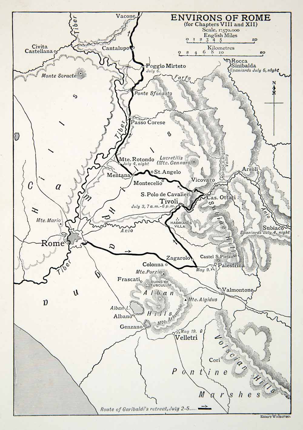 1914 Print Map Rome Italy Europe Route Giuseppe Garibaldi Military Retreat XEHA2
