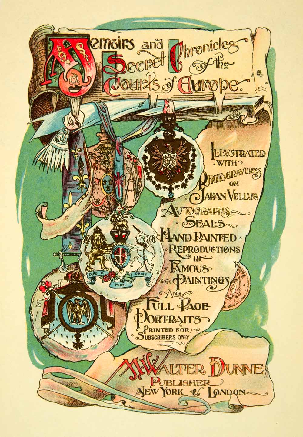 1901 Chromolithograph Scroll Medallion Coat Arms England France Spain XEHA3