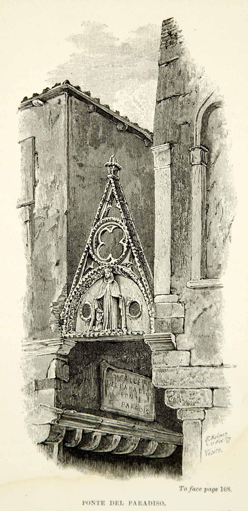 1893 Wood Engraving Gothic Arch Bridge of Heaven Ponte del Paradiso Venice XEHA7