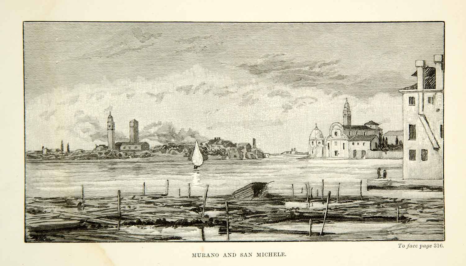 1893 Wood Engraving Isola San Michele Island Venetian Lagoon Venice Church XEHA7