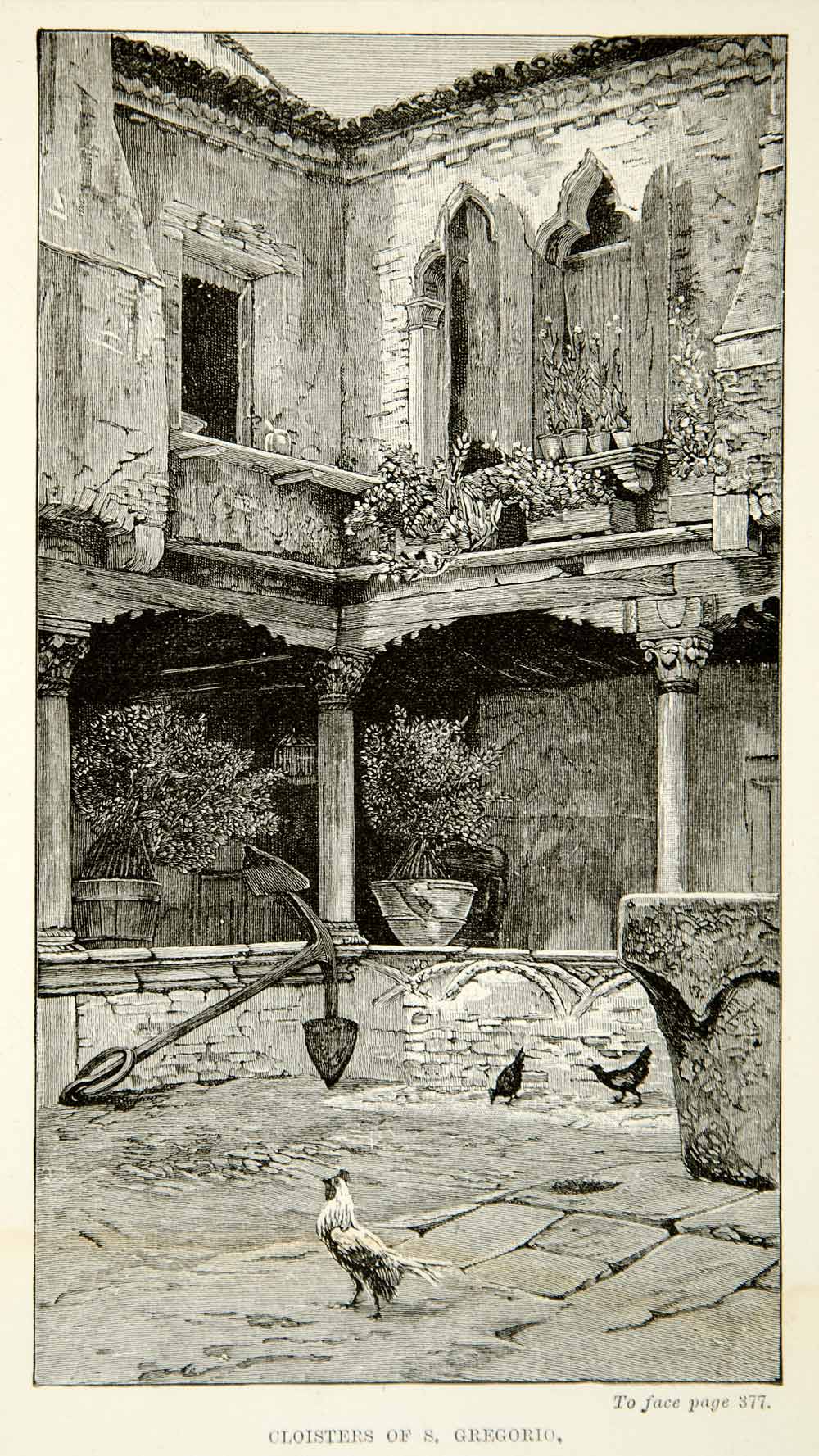1893 Wood Engraving Cloisters San Gregorio Church Chickens Venice XEHA7