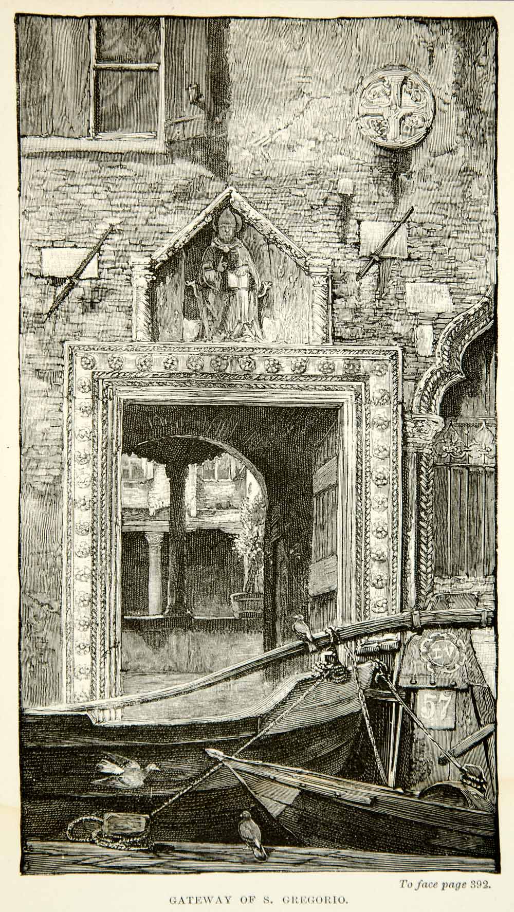 1893 Wood Engraving San Gregorio Church Gateway Entrance Venice XEHA7