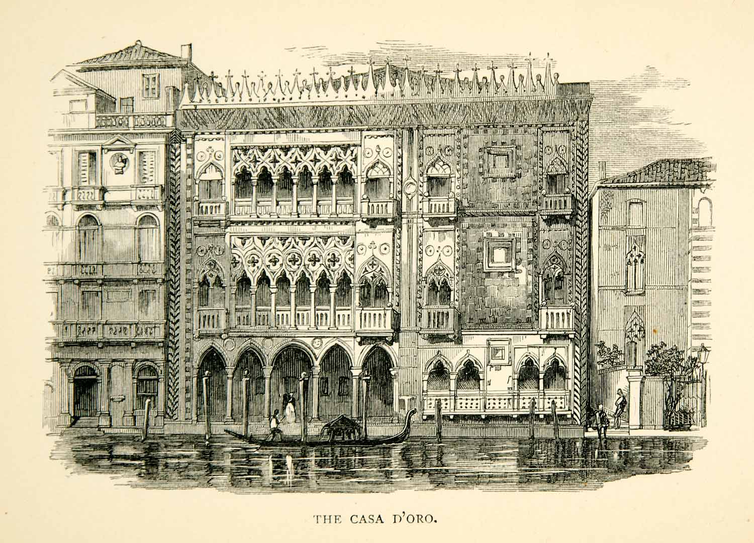 1869 Wood Engraving Ca' d'Oro Palazzo Santa Sofia Venice Italy Grand Canal XEHA8