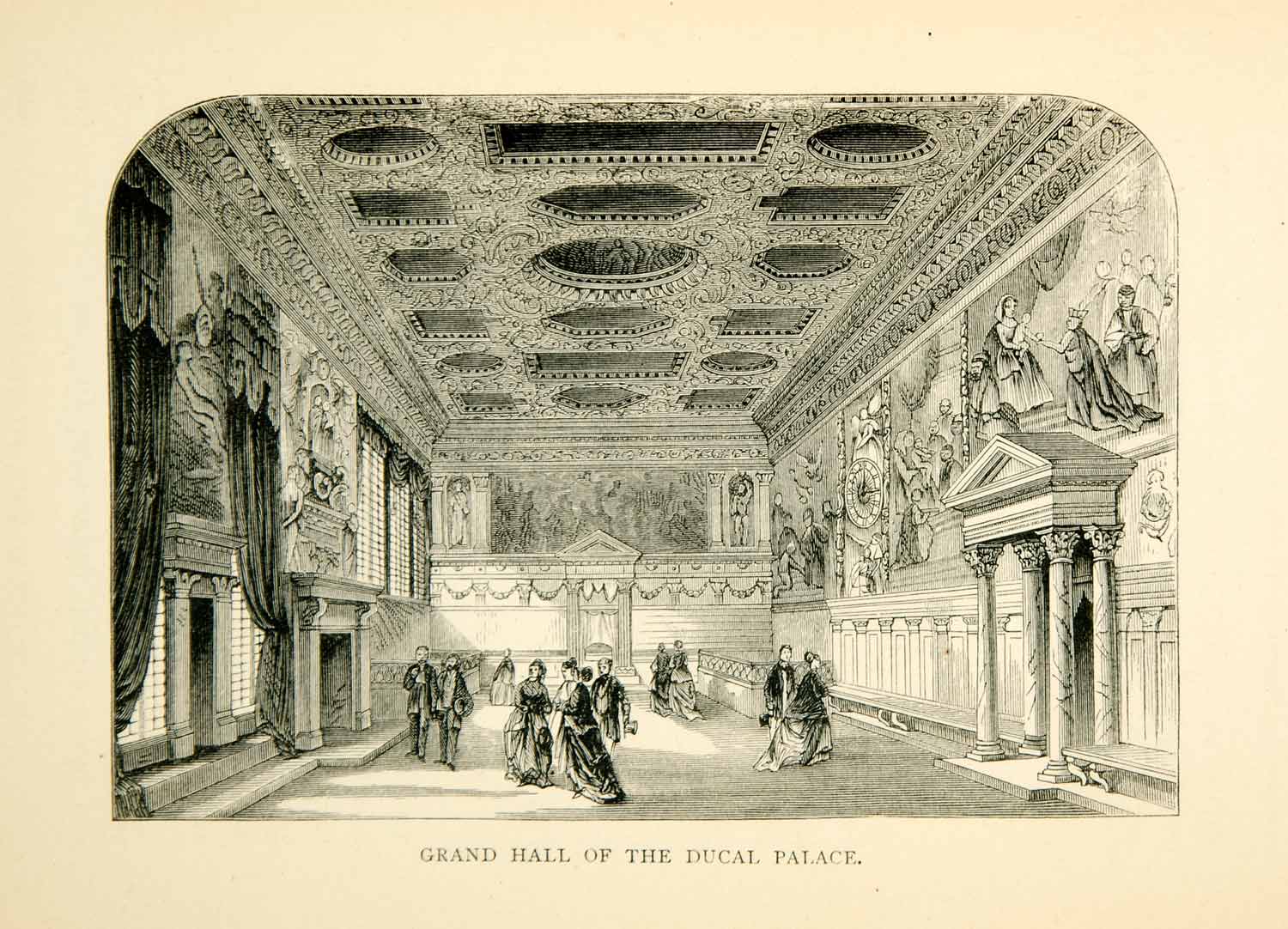 1869 Wood Engraving Grand Hall Doges Palace Palazzo Ducale Venice Italy XEHA8