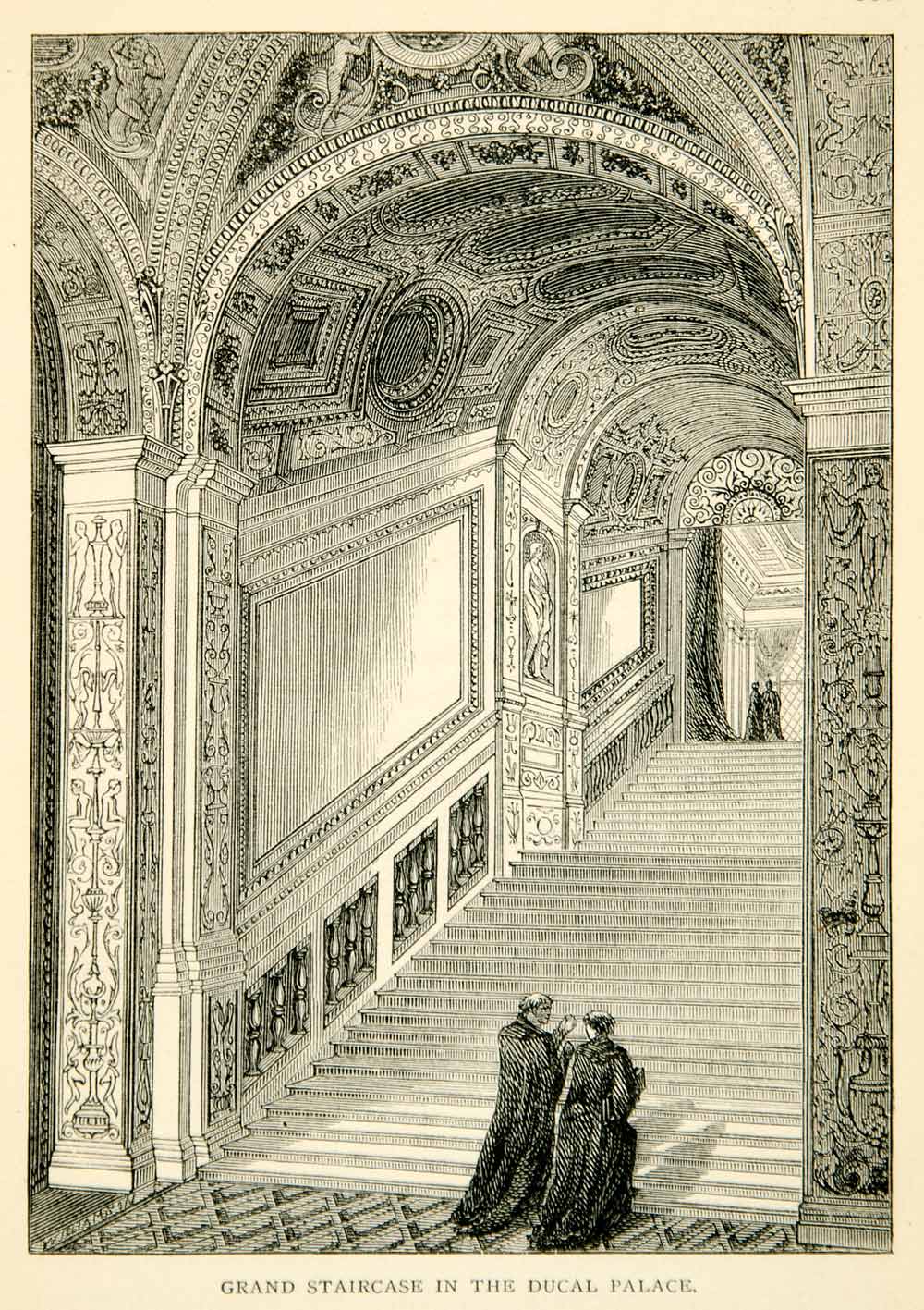 1869 Wood Engraving Grand Staircase Doges Palace Palazzo Ducale Venice XEHA8