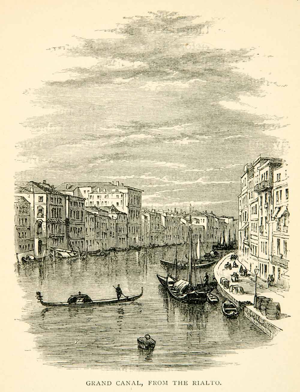 1869 Wood Engraving Grand Canal Venice Italy Europe Cityscape Gondola XEHA8