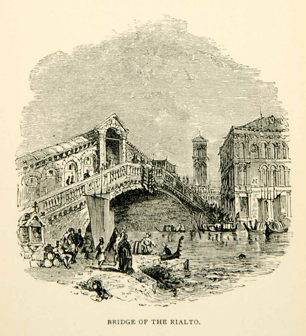 1869 Wood Engraving Ponte Di Rialto Bridge Grand Canal Venice Italy Europe XEHA8