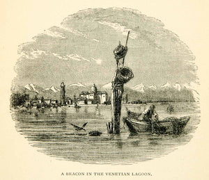 1869 Wood Engraving Beacon Venetian Lagoon Venice Italy Europe Cityscape XEHA8