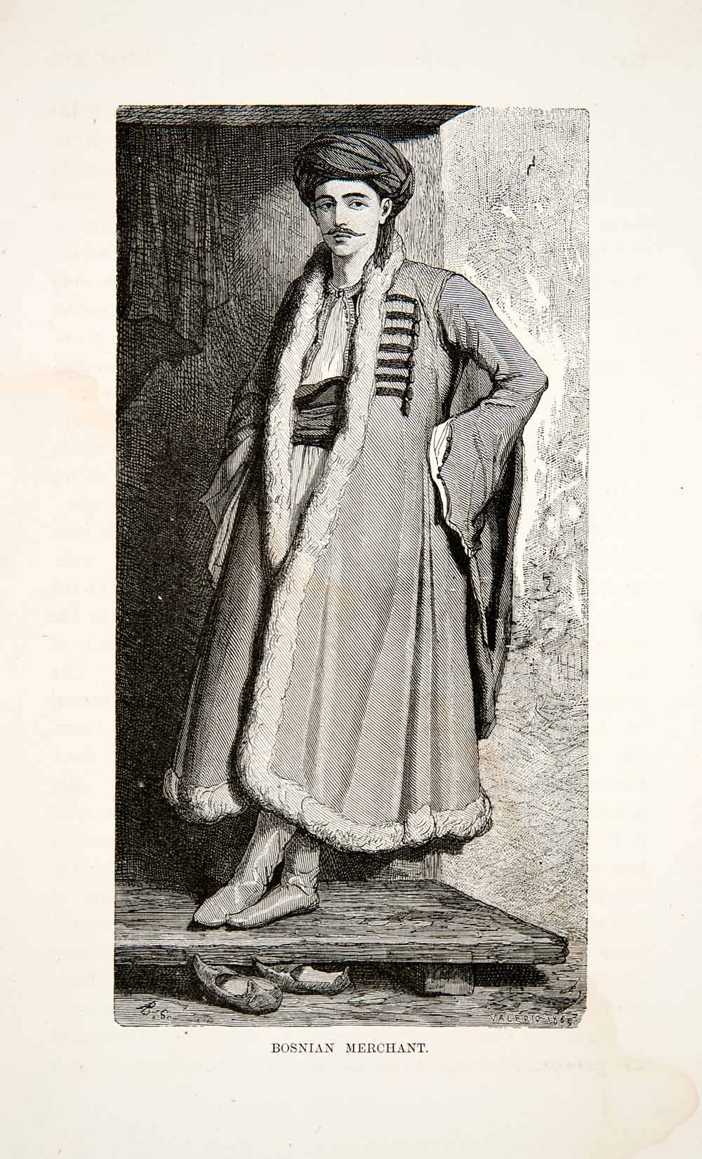 1880 Wood Engraving Bosnian Merchant Traditional Costume Bosnia Herzegovina XEI1