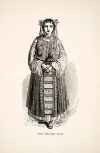 1881 Wood Engraving Portrait Young Valakhian Woman Costume Fashion Textile XEI2