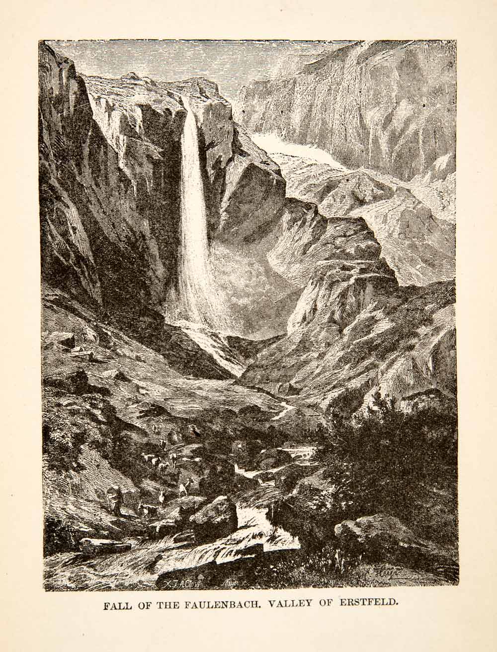 1881 Wood Engraving Faulenbach Waterfall Valley Erstfeld Switzerland XEI4