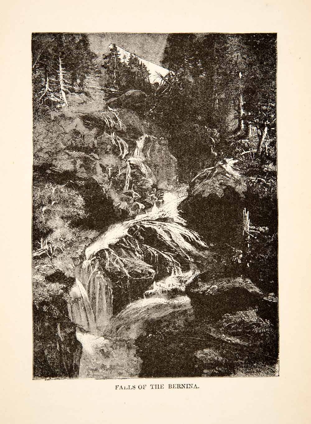 1881 Wood Engraving Bernina Falls Switzerland Landscape Famous River XEI4