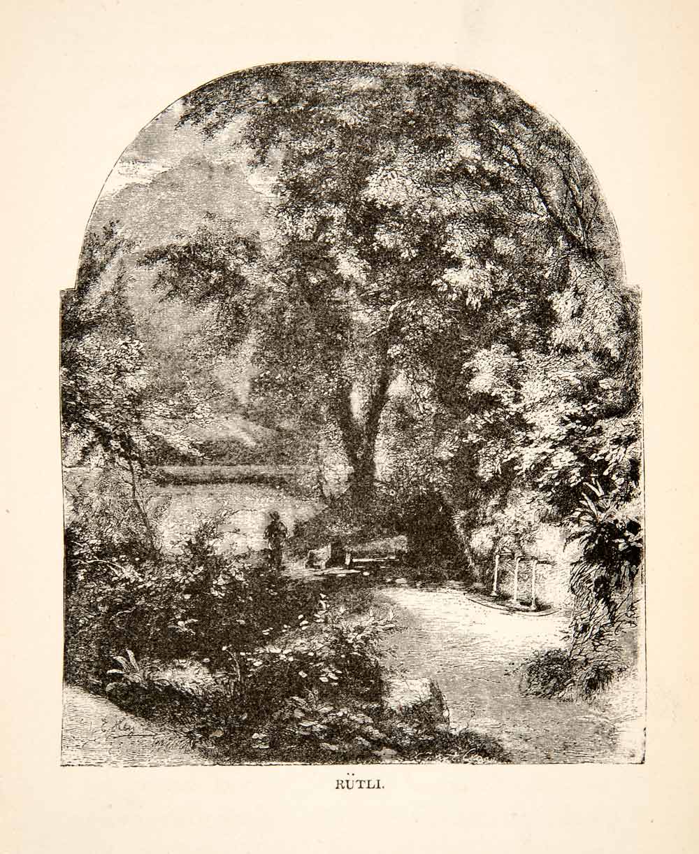 1881 Wood Engraving Rutli Lake Lucerne Switzerland Mountain Meadow XEI4