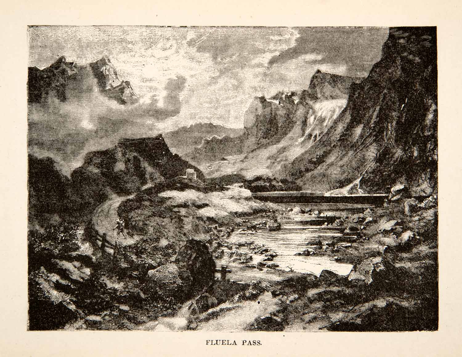 1881 Wood Engraving Fluela Mountain Pass Swiss Alps Switzerland Landscape XEI4