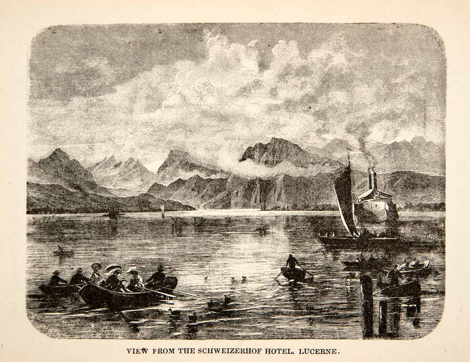 1881 Wood Engraving Schweizerhod Hotel Lucerne Switzerland Landscape River XEI4