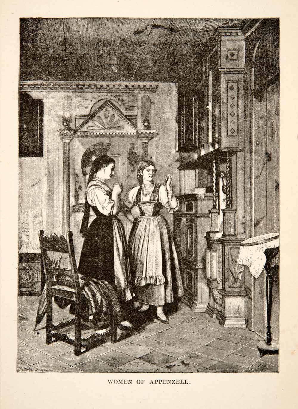 1881 Wood Engraving Portrait Women Appenzell Switzerland Costume Interior XEI4