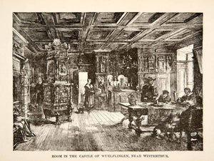 1881 Wood Engraving Interior Room Men Castle Wueflingen Winterthur XEI4
