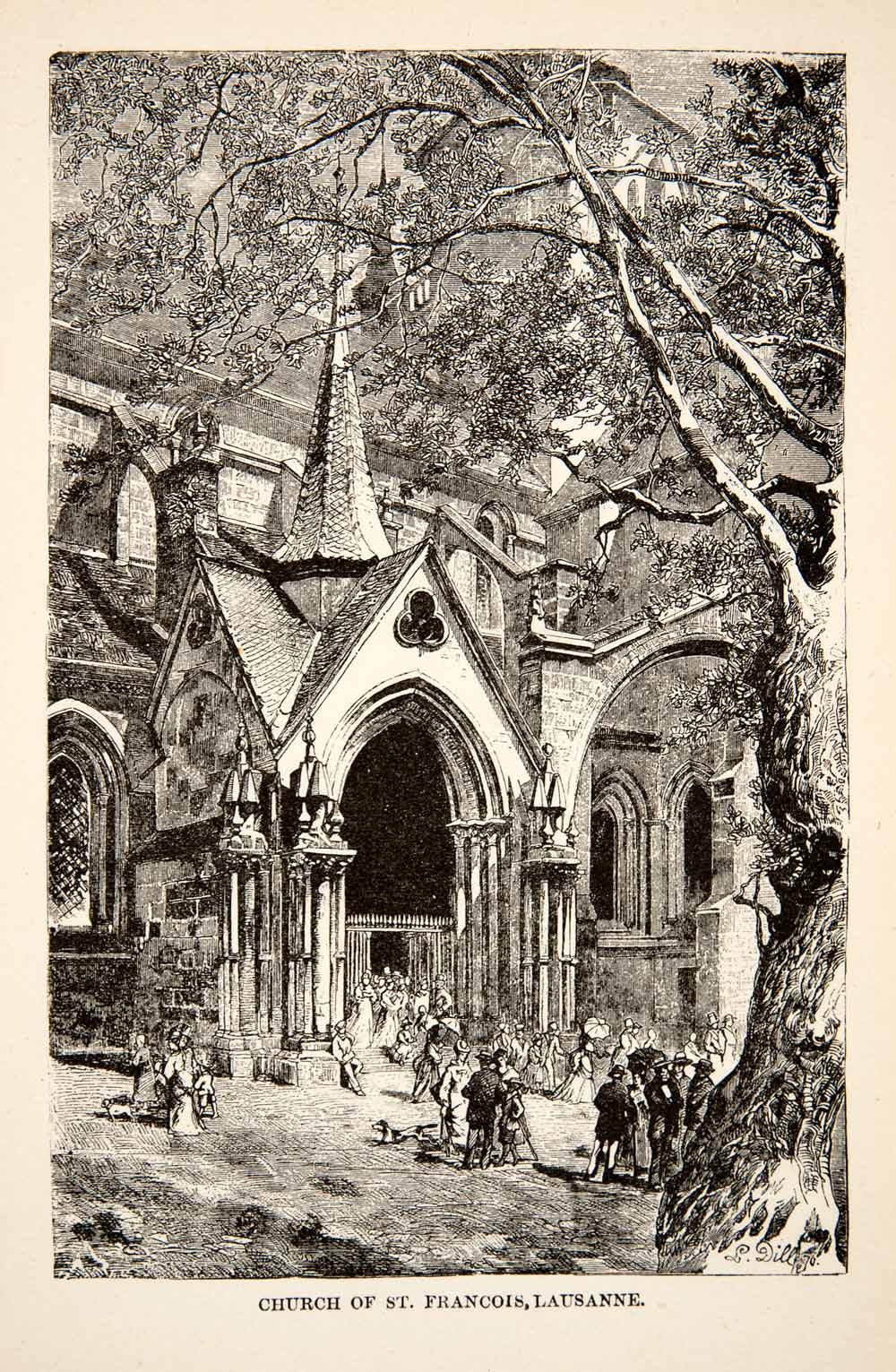 1881 Wood Engraving Church St Franois Lausanne Switzerland Historic XEI4