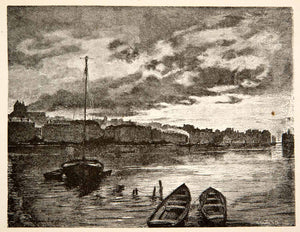 1881 Wood Engraving Geneva Cityscape Switzerland Rhone River Boat Shore XEI4