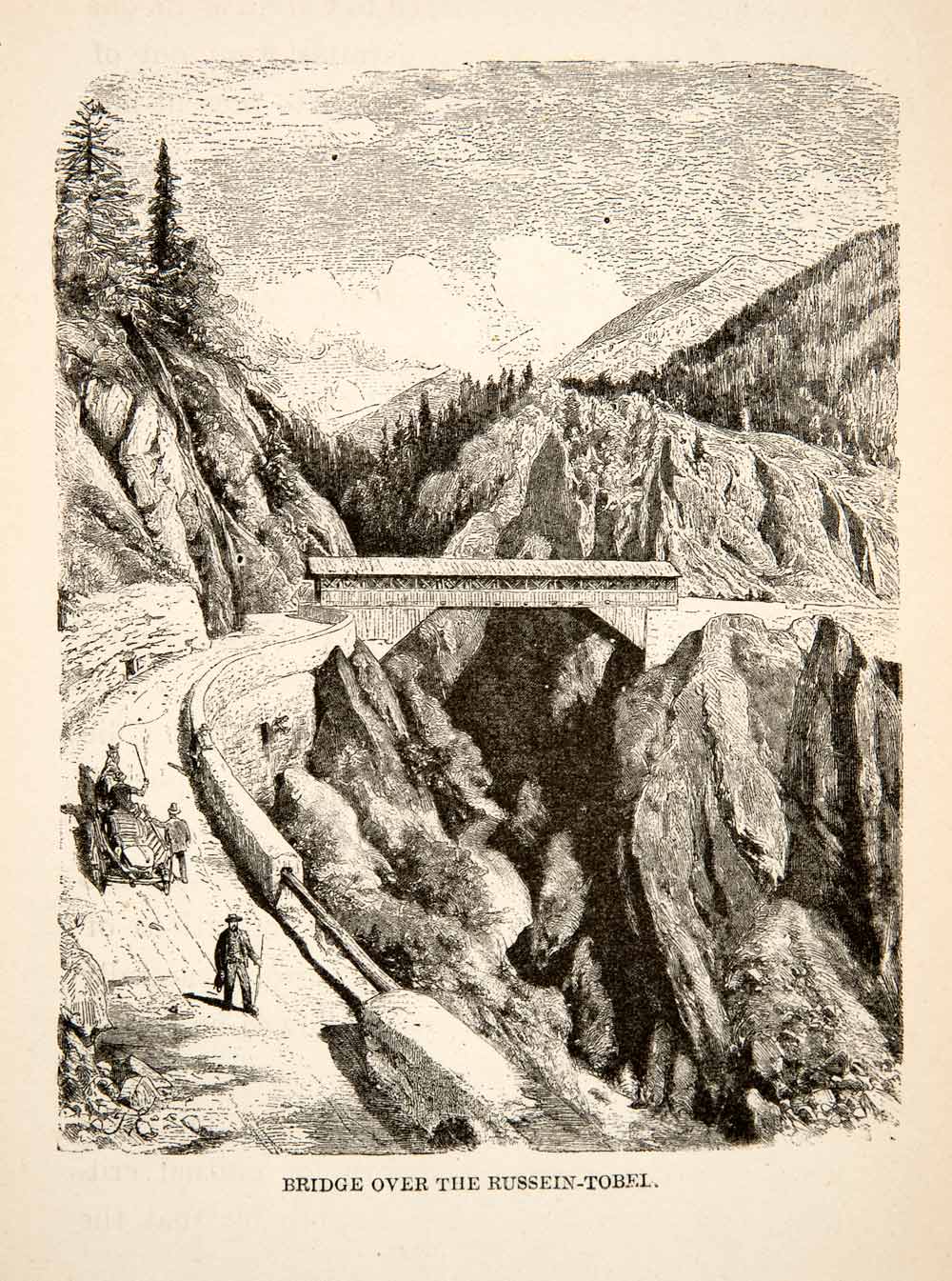 1881 Wood Engraving Bridge Russein-Tobel Valley Switzerland Landscape Road XEI4