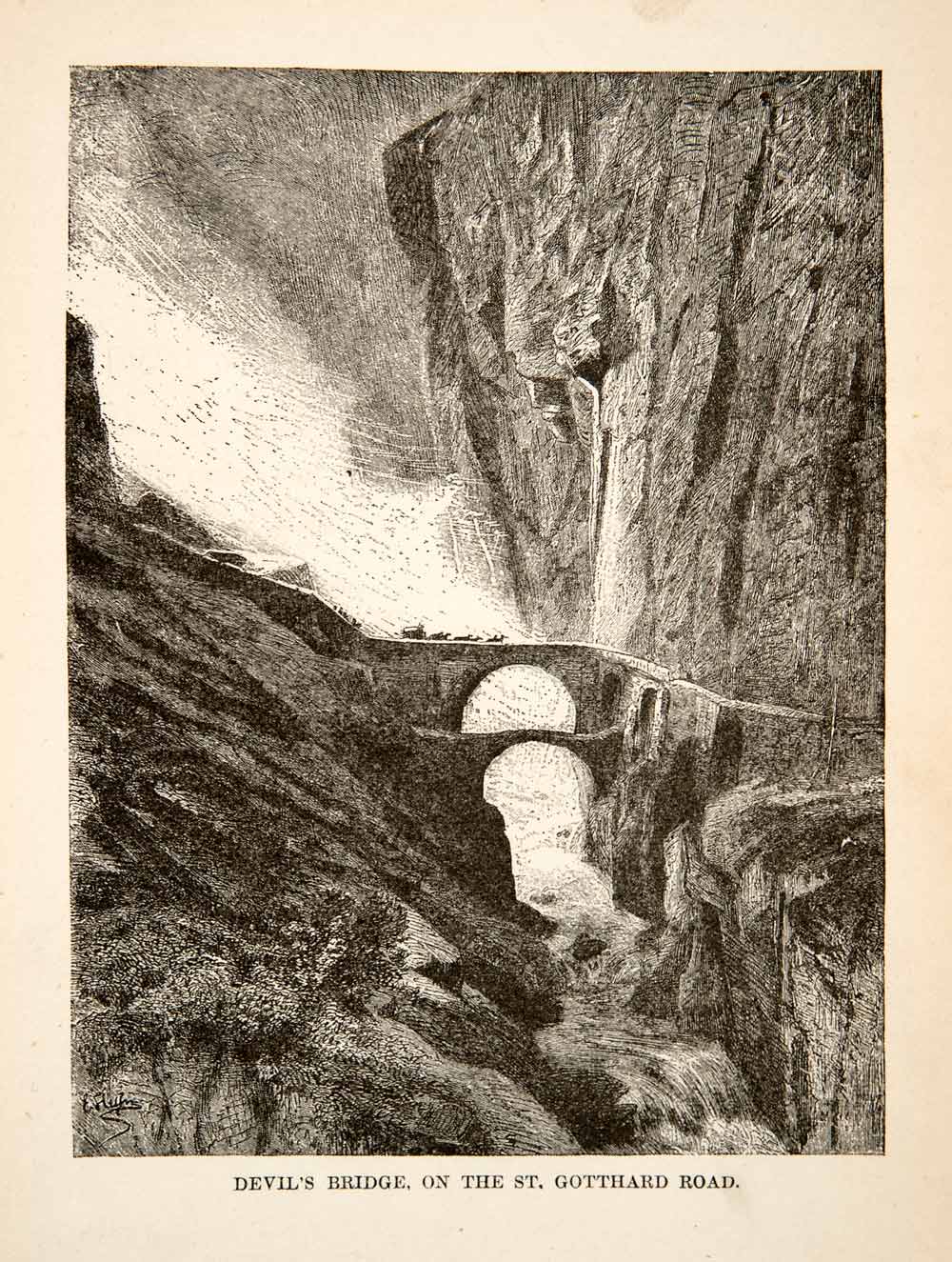 1881 Wood Engraving Devil Bridge St Gotthard Mountain Pass Road Switzerland XEI4