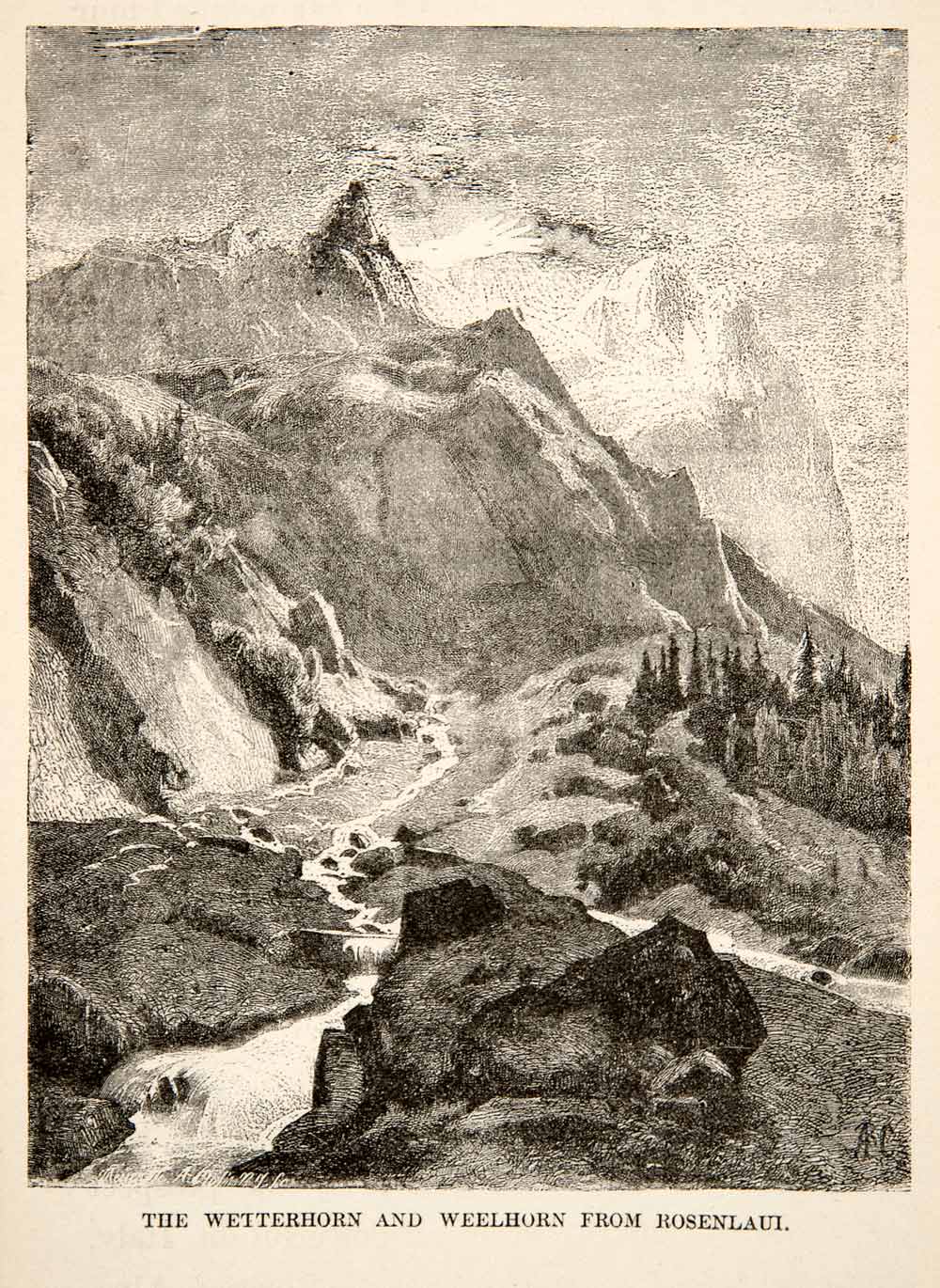 1881 Wood Engraving Wetterhorn Wheelhorn Mountain Rosenlaui Switzerland XEI4