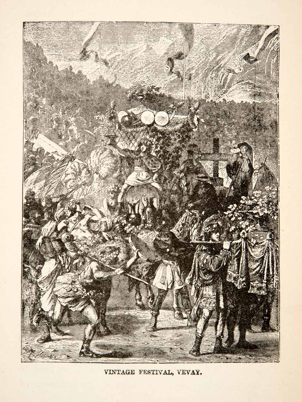 1881 Wood Engraving Renaissance Festival Vevay Vaud Switzerland