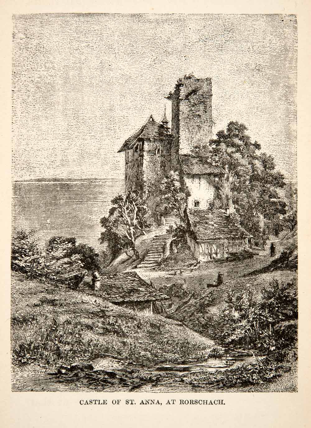 1881 Wood Engraving Castle Saint Anna Rorchach Switzerland Landscape XEI4