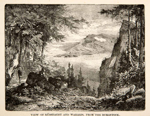 1881 Wood Engraving Mountain Waeggis Kussnacht Burgstock Switzerland XEI4