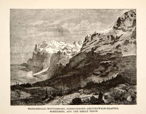 1881 Wood Engraving Famous Wetterhorn Mountains Glacier Landscape XEI4
