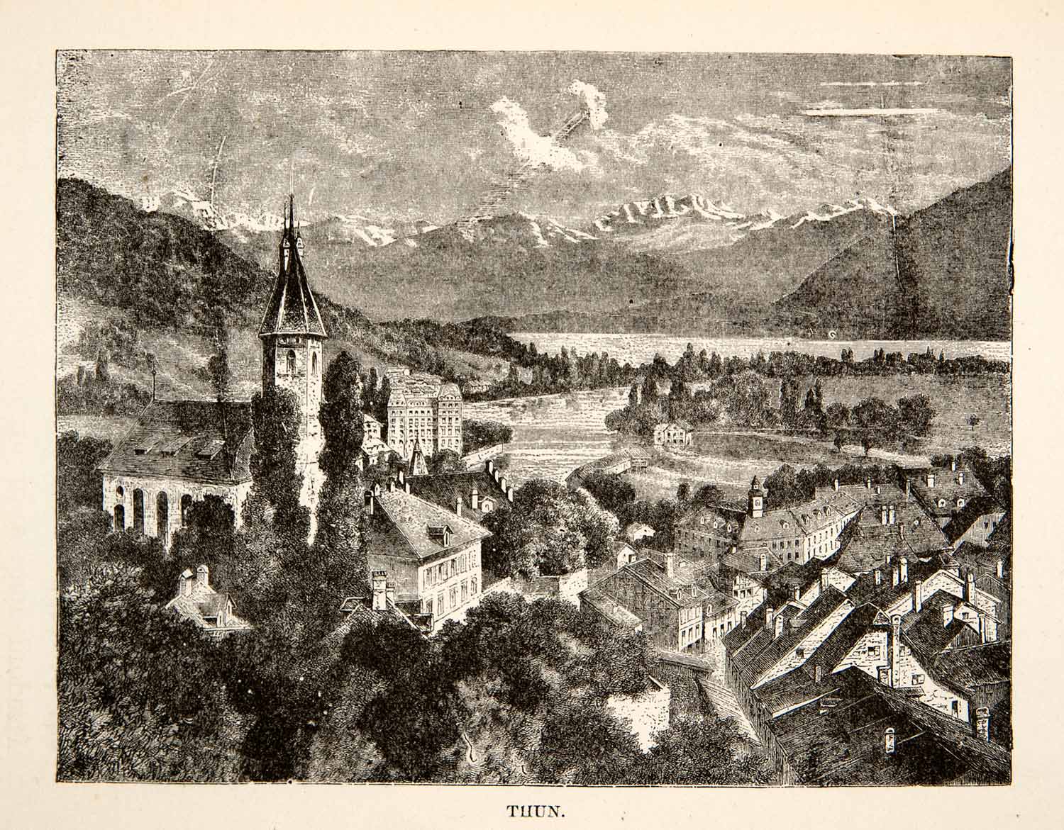 1881 Wood Engraving Cityscape Thun Switzerland Mountain Lake River XEI4