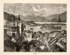 1881 Wood Engraving Cityscape Thun Switzerland Mountain Lake River XEI4
